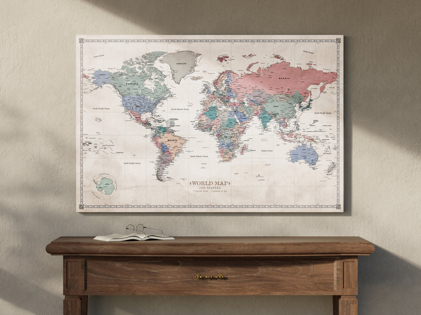 Personalizowana Mapa świata na płótnie w formie tablicy korkowej z pinezkami - Pastel Vibe