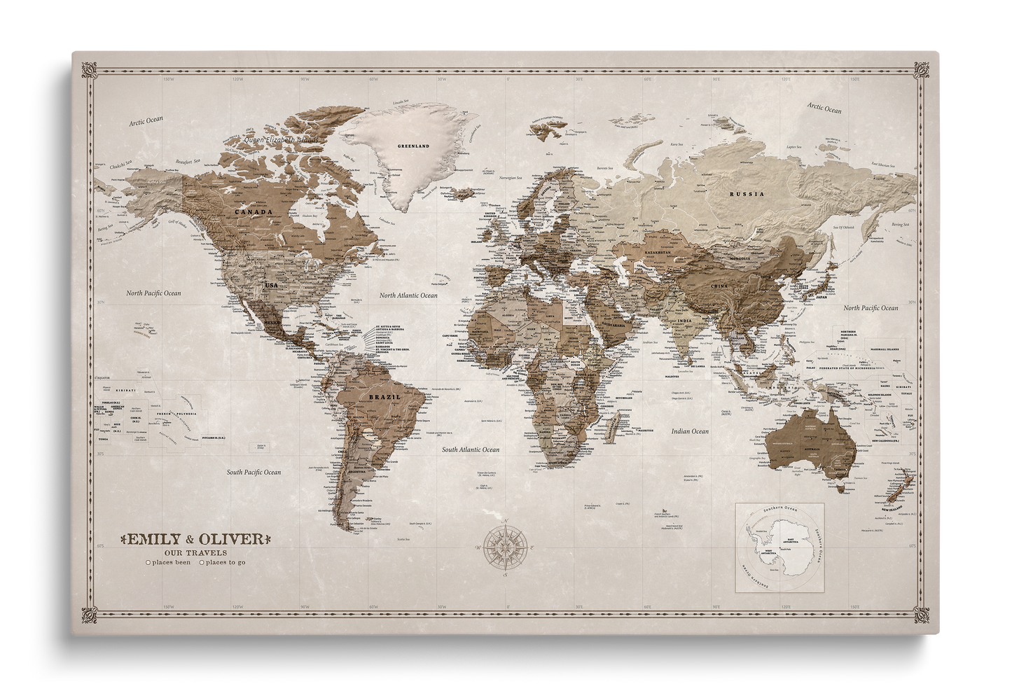 Personalizowana Mapa świata na płótnie w formie tablicy korkowej z pinezkami - Desert Tones