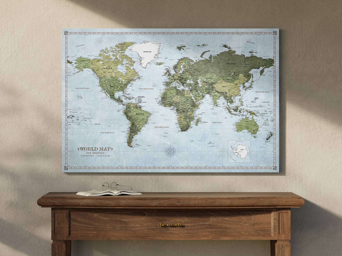 Personalizowana Mapa świata na płótnie w formie tablicy korkowej z pinezkami - Just Earth
