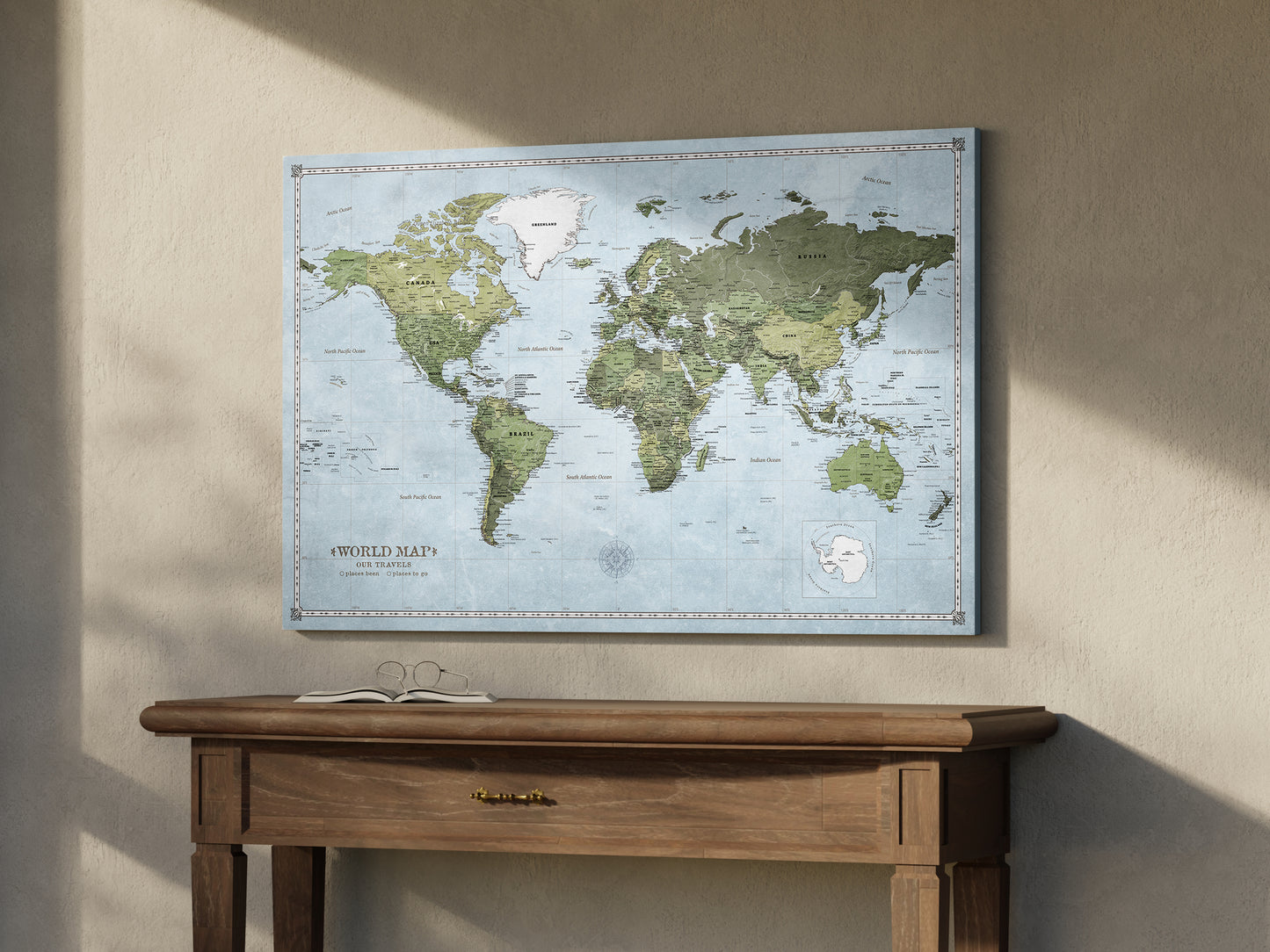 Personalizowana Mapa świata na płótnie w formie tablicy korkowej z pinezkami - Just Earth