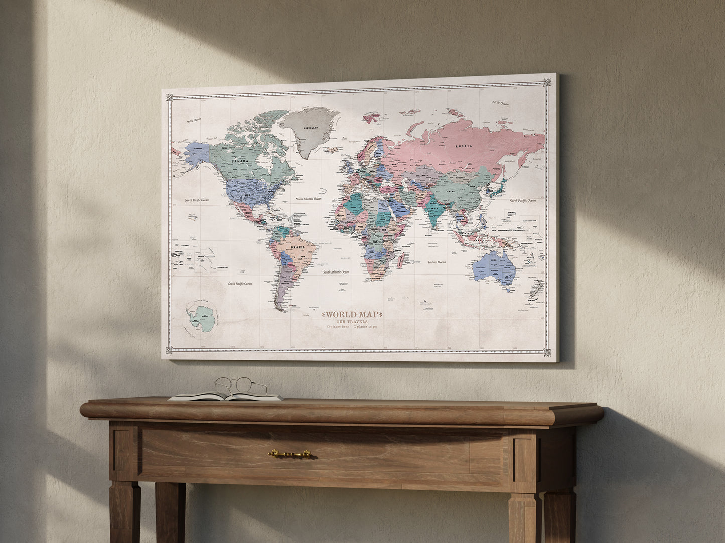 Personalizowana Mapa świata na płótnie w formie tablicy korkowej z pinezkami - Pastel Vibe