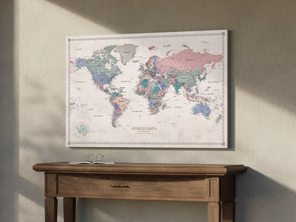 Personalizowana Mapa świata na płótnie w formie tablicy korkowej z pinezkami - Pastel Vibe