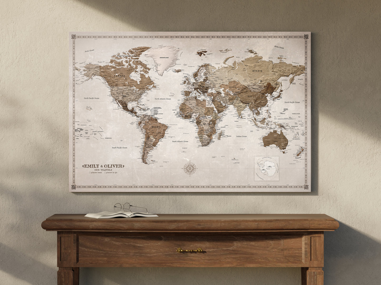 Personalizowana Mapa świata na płótnie w formie tablicy korkowej z pinezkami - Desert Tones