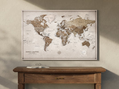 Personalizowana Mapa świata na płótnie w formie tablicy korkowej z pinezkami - Desert Tones