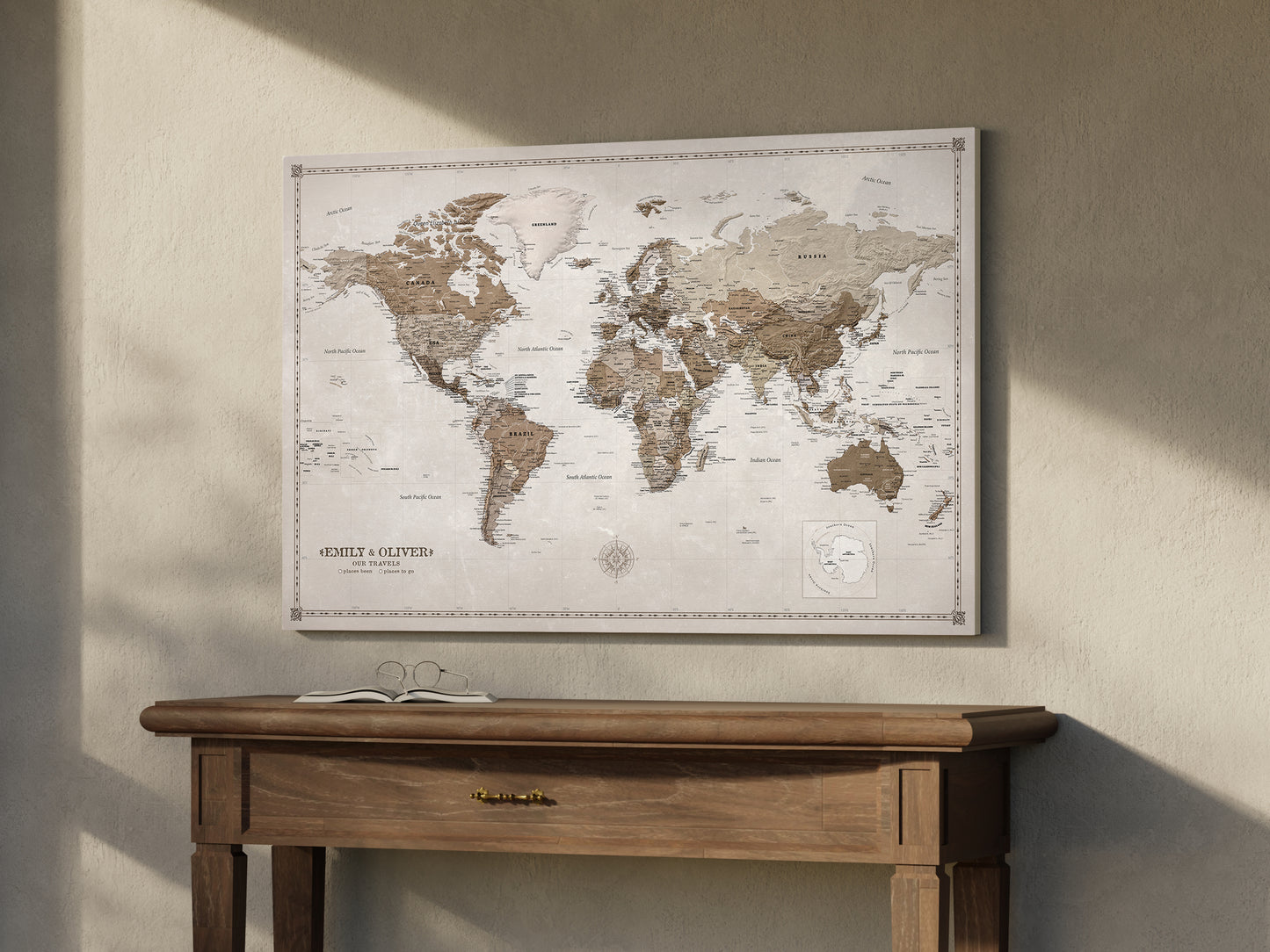 Personalizowana Mapa świata na płótnie w formie tablicy korkowej z pinezkami - Desert Tones