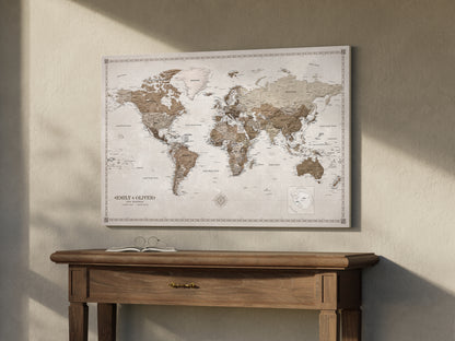 Personalizowana Mapa świata na płótnie w formie tablicy korkowej z pinezkami - Desert Tones
