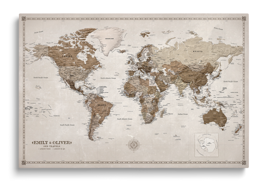Personalizowana Mapa świata na płótnie w formie tablicy korkowej z pinezkami - Desert Tones