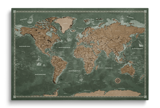 Personalizowana Mapa świata na płótnie w formie tablicy korkowej z pinezkami - Explorer's Green