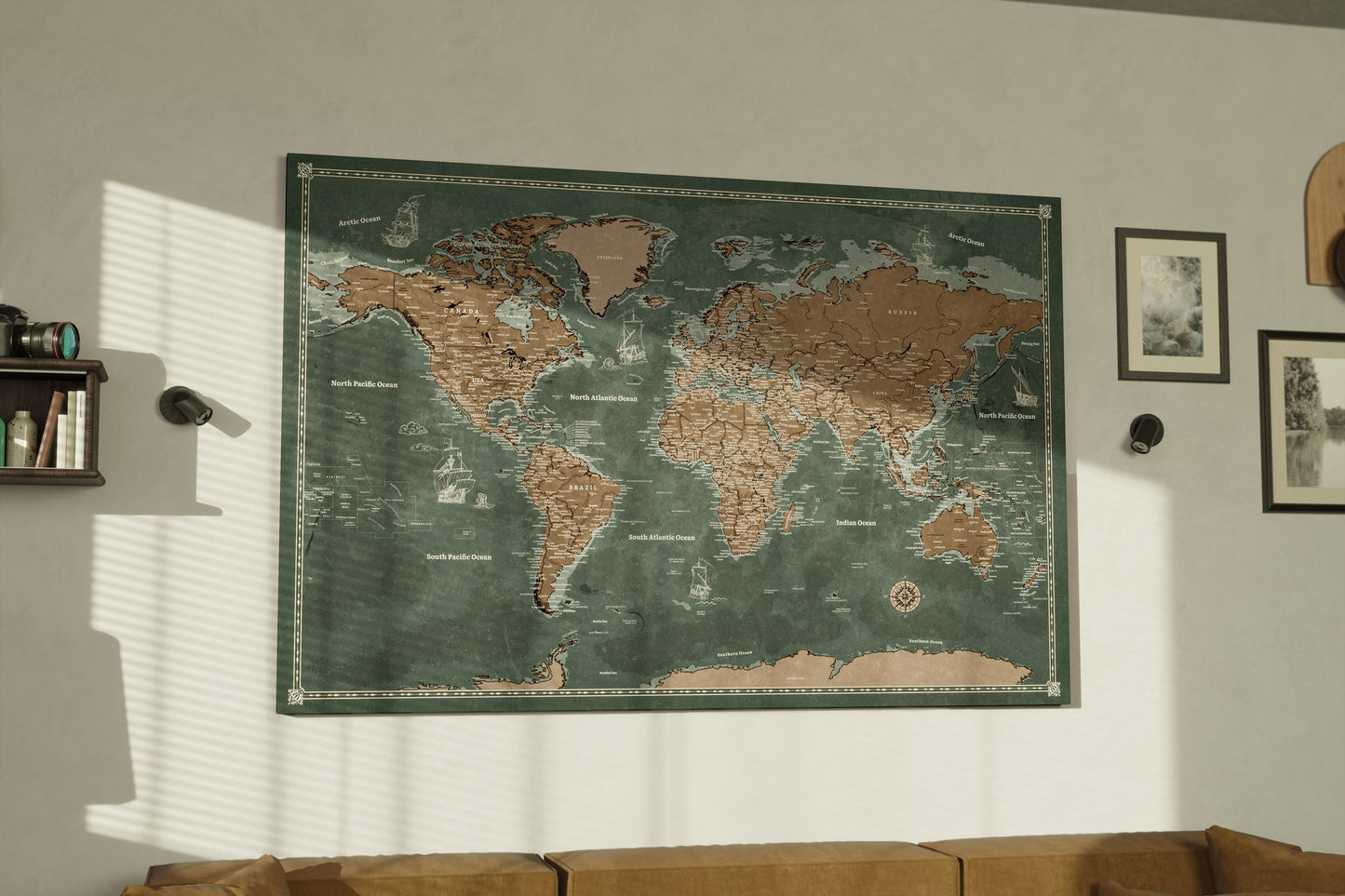 Personalizowana Mapa świata na płótnie w formie tablicy korkowej z pinezkami - Explorer's Green